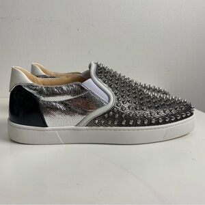 New Christian Louboutin Sneakers Mens 10.5 Spikeboat Metallic Slip On Loafers